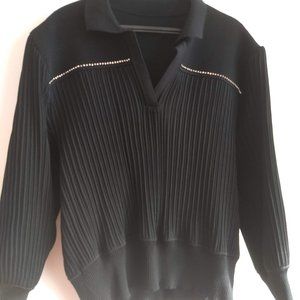 vintage 80s black long sleeve pleated plisse polo pullover rhinestones